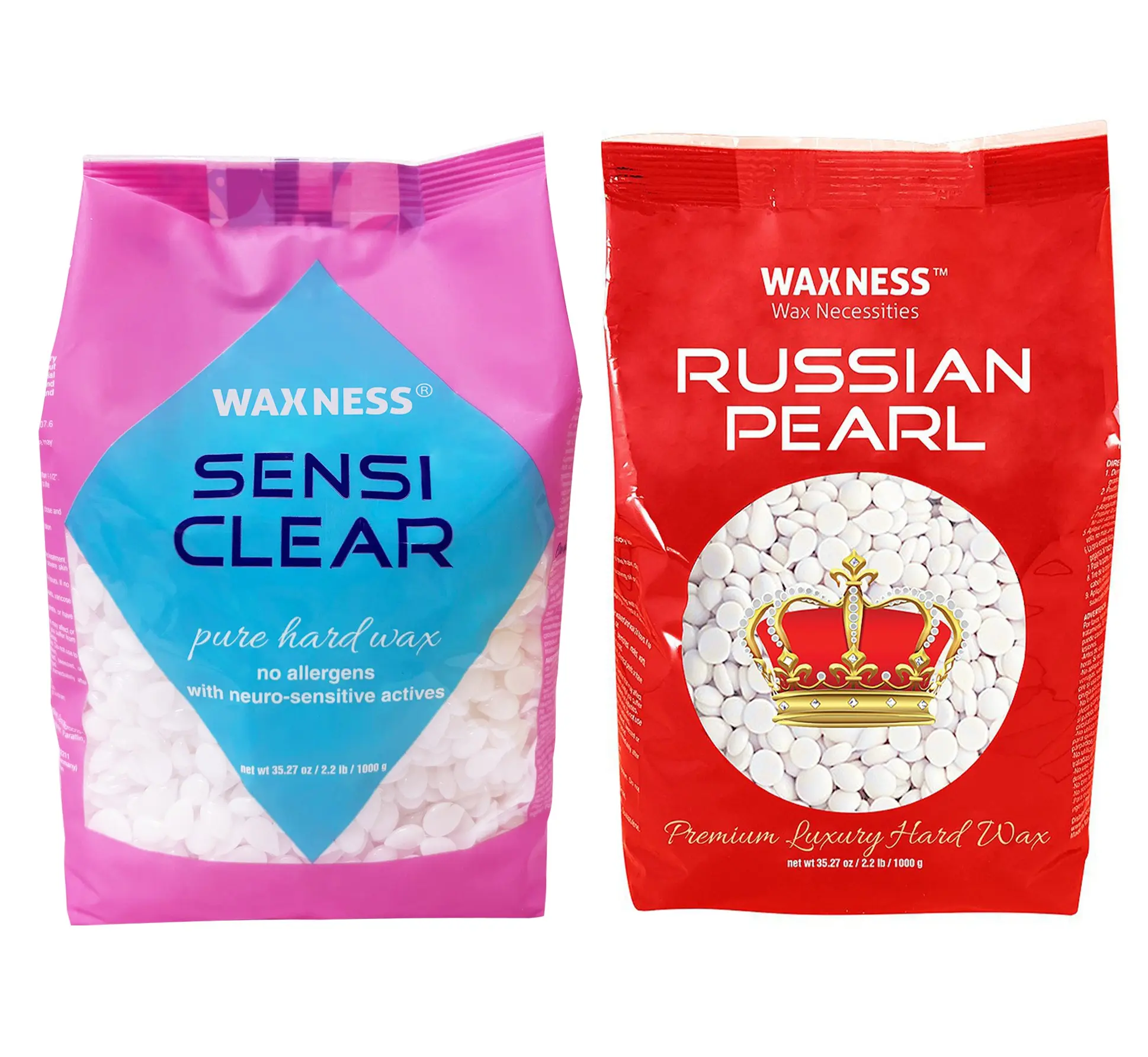 Waxness RUSSIAN PEARL (Creamy) and SENSI CLEAR (Gel) Rosin-Free Stripless Hard Wax for Sensitive Skin, Brazilian & Full Body Hair Removal 2.2 lb / 1 kg Each, Pack of 2,  Made in Italy