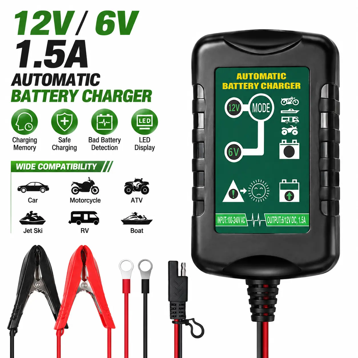 【DealsForYou】6V 12V Car Battery Charger Maintainer Trickle, 1.5A Smart Fully Automatic Battery Charger Maintainer,Float Charger for auto car Motorcycle Lawn Mower Boat Snowmobile Charger for Car, Lawn Mower, Motorcycle, Boat, Marine