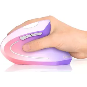 Ergonomic Vertical Wireless Rechargeable 2.4 GHz Optical Mouse for Carpal Tunnel Relief : 800/1200 / 1600 DPI, 6 Buttons, for Laptop, PC, Computer, Desktop, Notebook etc, Pink to Purple