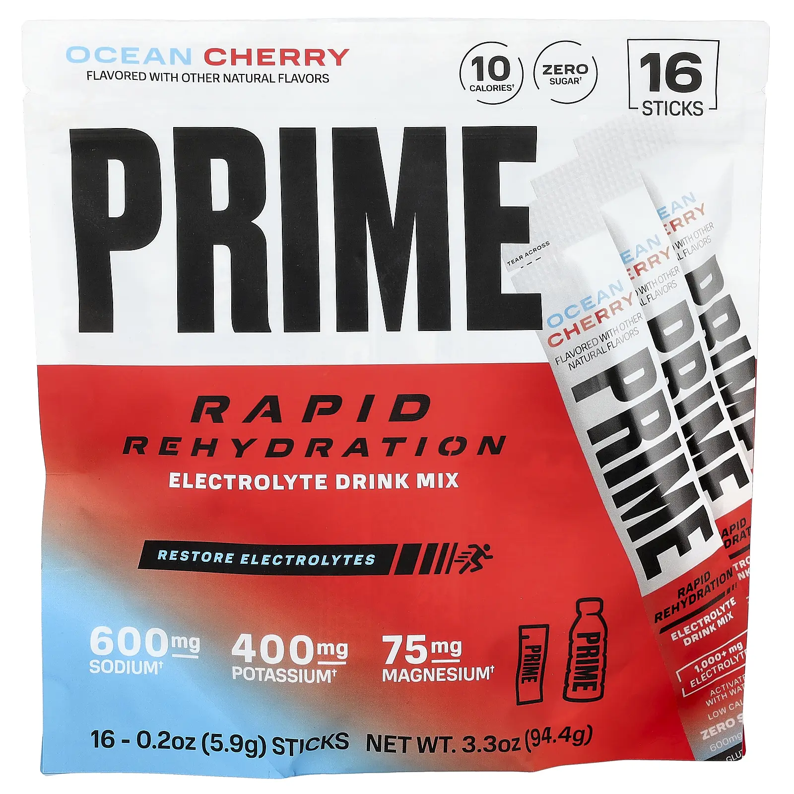 Prime Hydration Rapid Rehydration, Electrolyte Drink Mix, Ocean Cherry, 16 Sticks, 0.2 oz (5.9 g) Each
