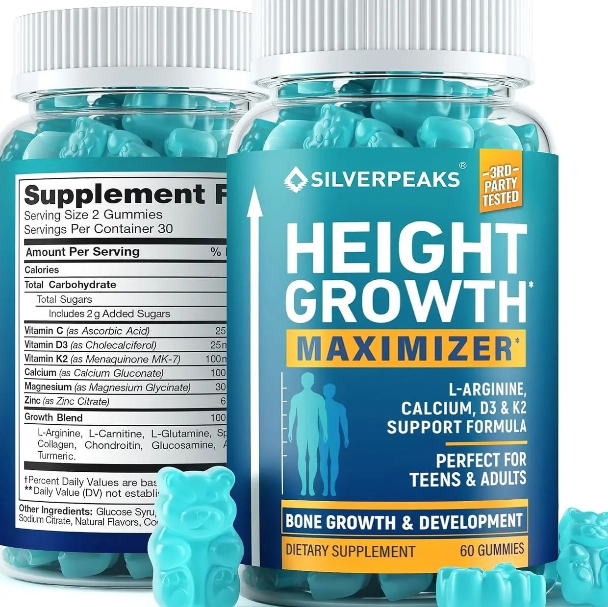 SILVERPEAKS Height Growth Gummies for Kids, Teens & Adults - Height Growth Maximizer Supplement with Calcium, Vitamins D3 & K2, Magnesium, Zinc for Bone Strength & Height Increase - 60 Gummy Chews