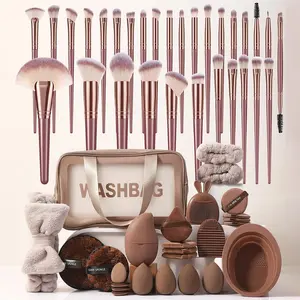 56 Piece Multi-Functional Makeup Brush Full Set, Makeup Tools Set, Includes Synthetic Hair Brushes, Beauty Sponge, Powder Puff, Headband, Wash Bag, Coffee