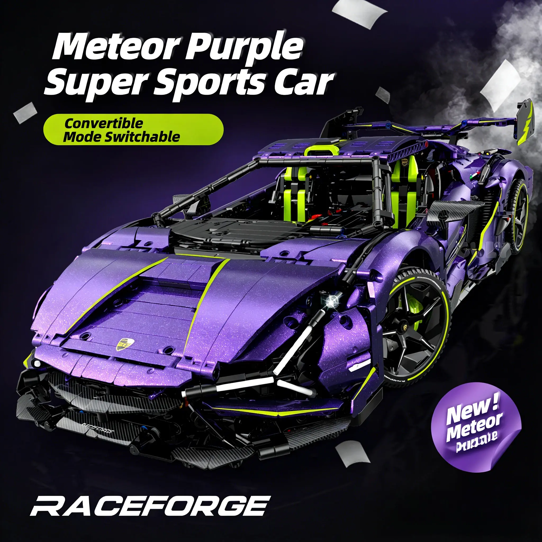 Raceforge 1:8 Scale Meteor Purple Lamborghini Convertible Super Sports Car Magnetic Building Blocks Set - Magnetic Assembly, Switchable Mode Racing Toy, Birthday Gift for Model Vehicle Enthusiasts, Magnetic Building Set