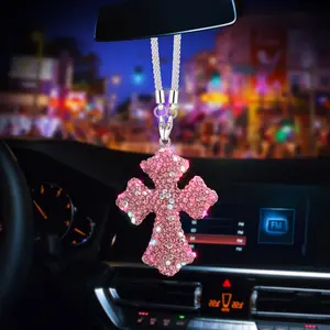 Stainless Steel Cross Car Pendant with Sparkling Crystals, 1-Count Rhinestone Rearview Mirror Charm, Vehicle Interior Decor Accessory