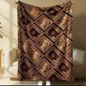 Vintage 100 Dollar Bill Print Flannel Blanket, Luxury Retro Style Franklin Gold Head Portrait Warm Blanket, All-Seasons Use, Multiple Sizes Available, Bedroom, Living Room, Dormitory Decor Blanket