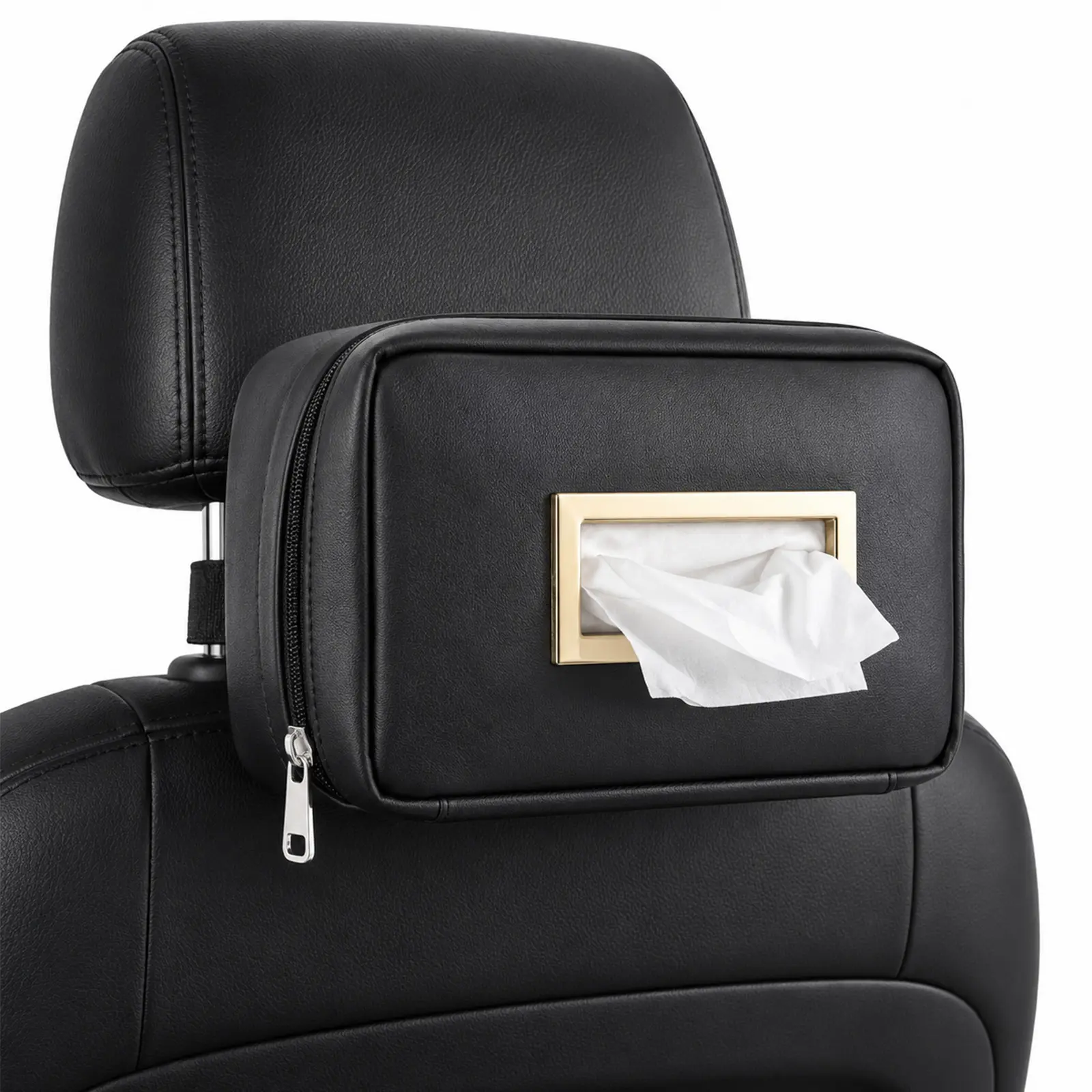 Car Tissue Holder for Back Seat, PU Leather Tissue Box Cover with Adjustable Strap, Headrest Mounted Tissue Dispenser, Seat Back, Center Console, Sun Visor, Fits Tissue Boxes, Wet Wipes, Black