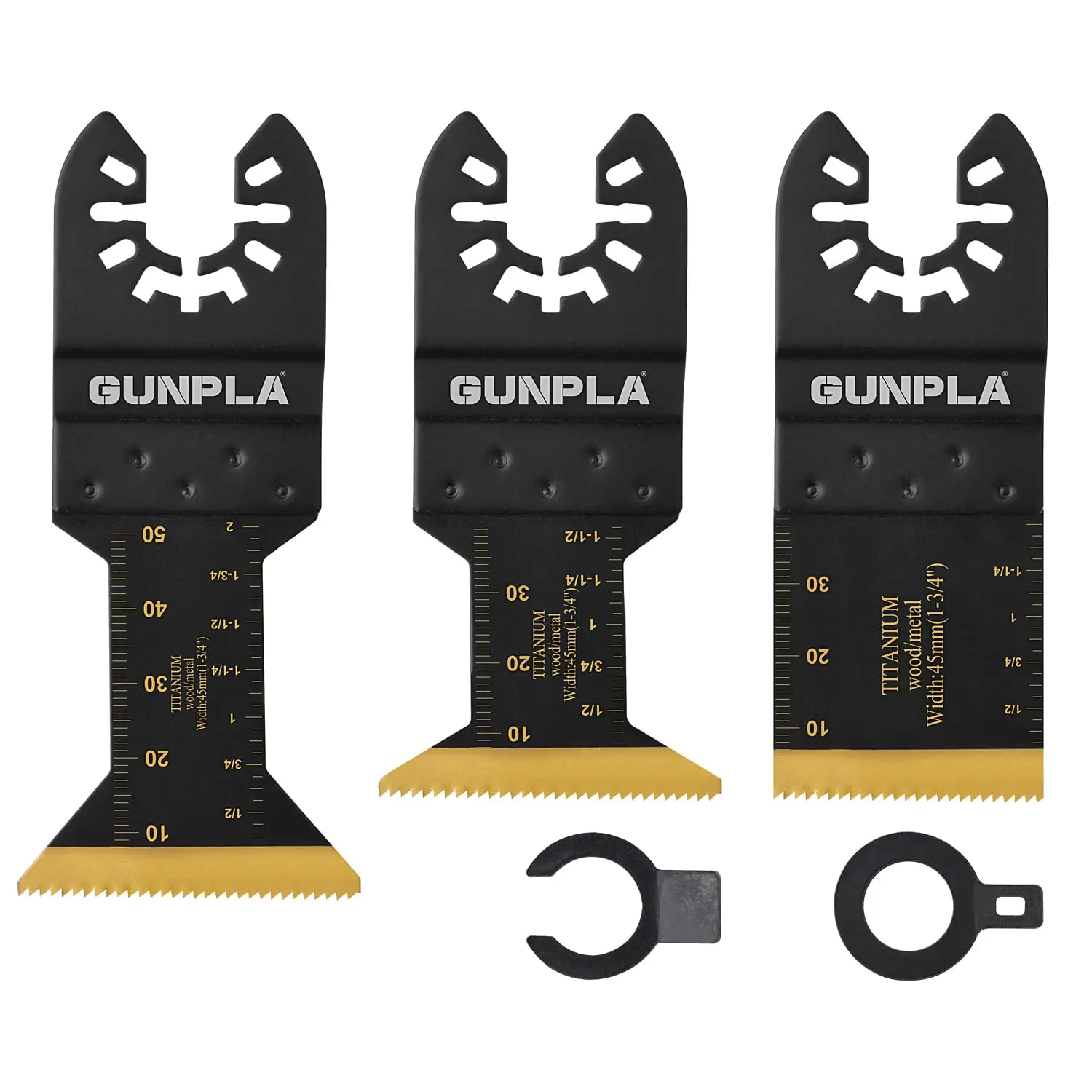 Gunpla Universal Fit Oscillating Tool Blades Set - 3-Piece Ti-Coated Wavy Tooth Blades, 50% Increased Hardness, Longer Lifespan, Smooth Cuts on Wood/Softmetal, Power Tool Accessories with Adapters for Home/Workshop, Multi-Materials