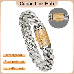 Personalized A–Z letter diamond Cuban chain bracelet, low allergy risk, safe for sensitive skin, permanently waterproof & sun-resistant—ideal for everyday wear, clubs, parties, dates, rapper street fashion looks.