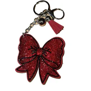 Red Glitter Bow Keychain with Tassel for Bag Charm or Keychain Accessory