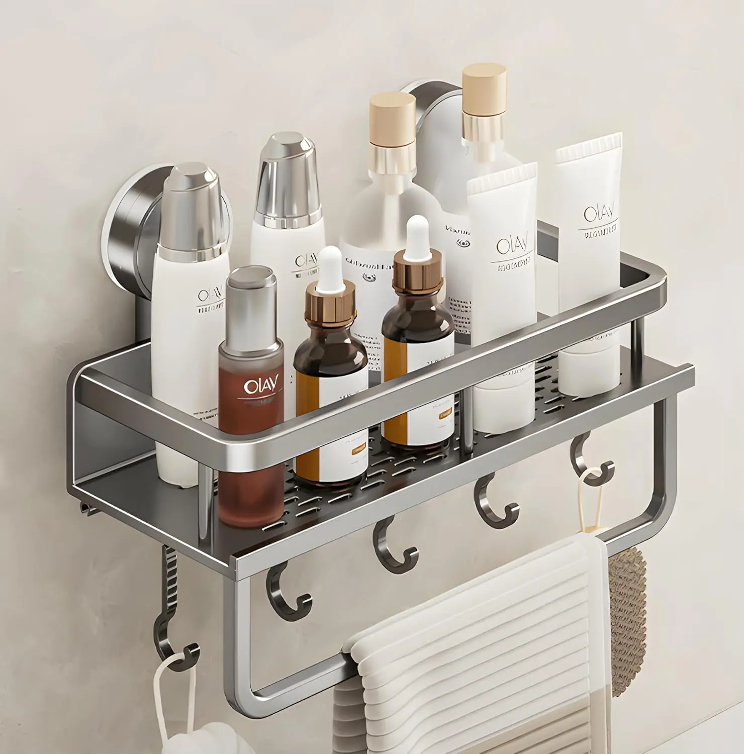 Wall-Mounted No-Drill Bathroom Shelf with Hooks - Punch-Free Mount for Modern Home Organization, Storage and Home Decor