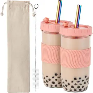 2 Pack  Boba Cup, 24Oz Wide Mouth Smoothie Cup,mason Jar Glass Cups with Lids and Straws,Bubble/Boba  Cups,Ice Coffee Tumbler 2 colored straws 1 sponge brush(Pink)