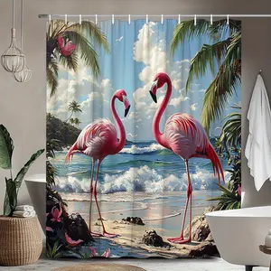1pc Flamingo Beach Shower Curtain - Tropical Palm Trees & Hibiscus Design, Pink & White Polyester Fabric, 70. 8x70. 8 Inches with 12 Hooks, Machine Washable Bathroom Decor, Beach Bathroom Decor