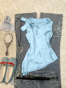 Blue sleeveless satin spring and summer new item with knotted collar, slanted hem, and irregular lace up Asymmetrical design for women's top Fitted