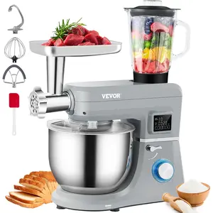 VEVOR 5 IN 1 Stand Mixer, TikTokShopBlackFriday, 660W Tilt-Head Multifunctional Electric Mixer with 6 Speeds LCD Screen Timing, 7.4 Qt Stainless Bowl, Dough Hook, Flat Beater, Whisk, Scraper, Meat Grinder, Juice Cup - Gray