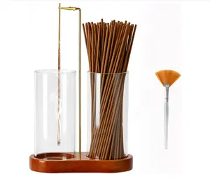 Incense Holder with 2 High Glass Bottle,Wooden Base Incense Stick Holder for Desktop,Incense Burner for Ash Collection,Ash Container