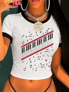 2026 Summer Y2K Retro Ringer T-Shirt, Colorblock Piano Keyboard Print, Lightweight Breathable, Fashion Short Sleeve Top for Women