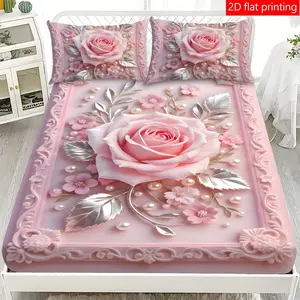 3pcs Rose Pattern Mattress Protector Set, Bed Skirt Kit, Decorative Bedding Set, Anti-Slip, High Elasticity, No Iron, Includes Comfortable Bed Skirt and Two Pillowcases