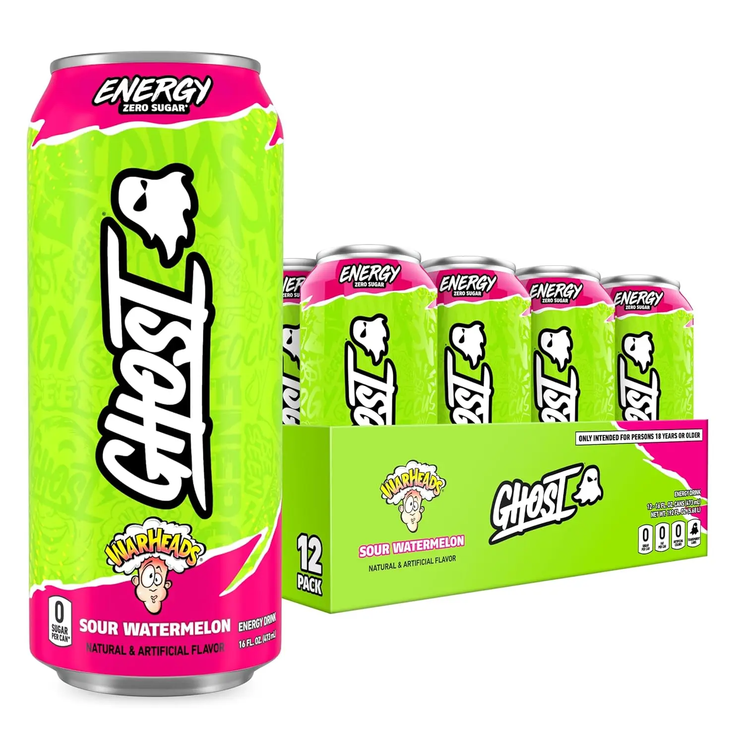 Energy Drink - 12-Pack, Warheads Sour Watermelon, 16oz - Energy & Focus & No Artificial Colors - 200mg of Natural Caffeine, L-Carnitine & Taurine - Gluten-Free & Vegan