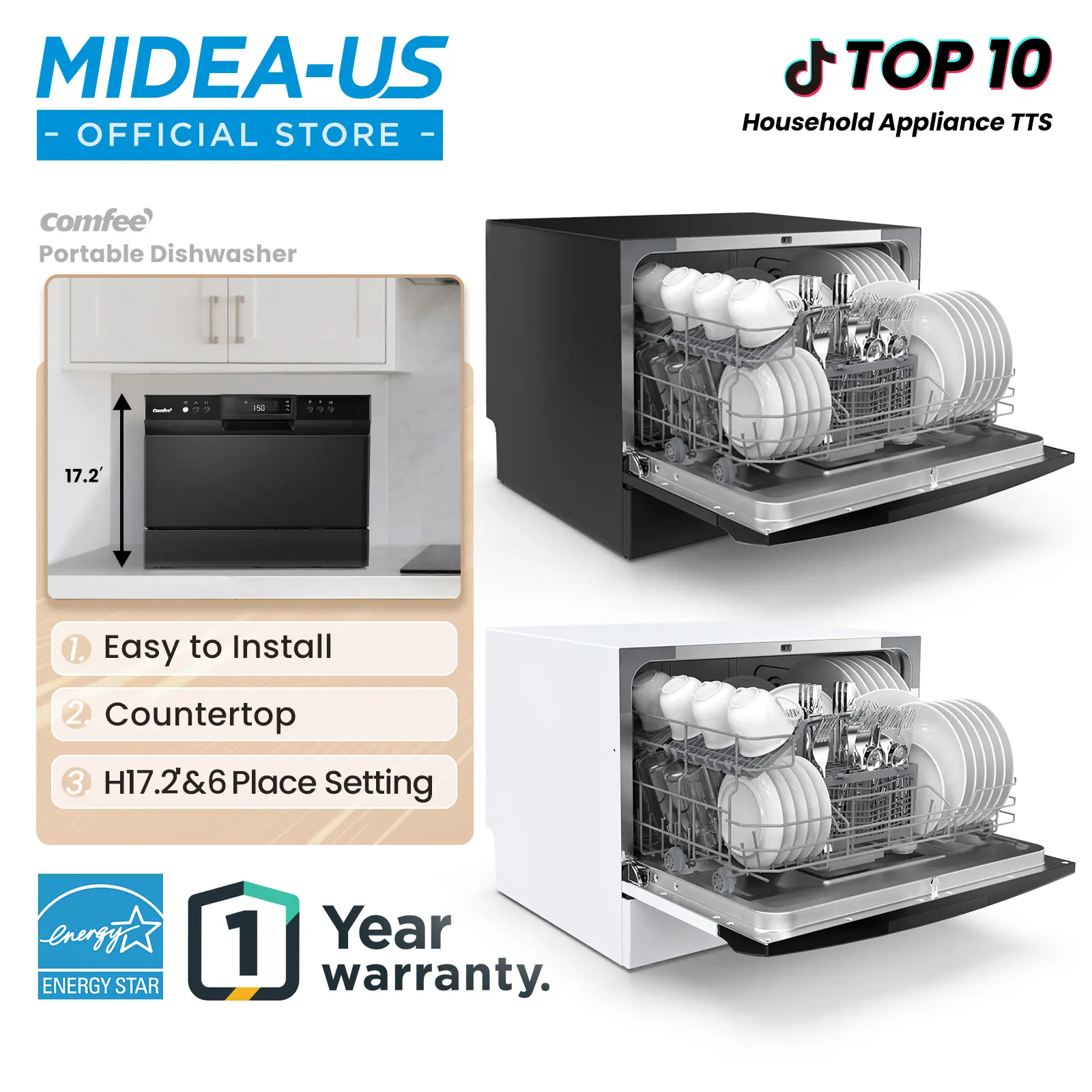 COMFEE’ Portable Mini Dishwasher, New ,Energy Star, Countertop, 6 Place Settings, 8 Washing Programs, Speed, Baby-Care, ECO& Glass, Durable Multifunction for Dorm, RV& Apartment, White