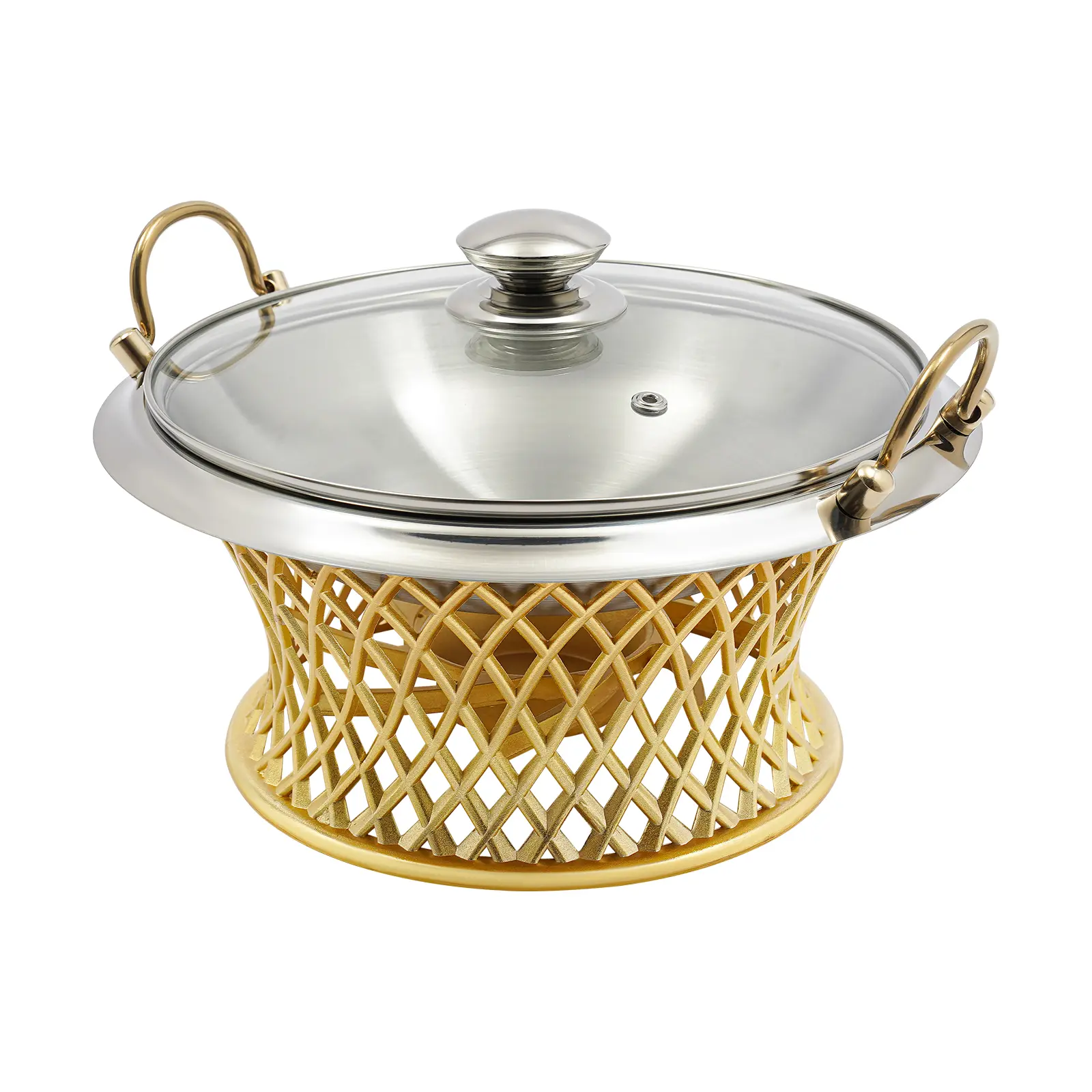 24cm Inner Diameter Gold Electroplated Glass Food Warmer Pan - Durable Aluminum Alloy & Stainless Steel Cookware Pots, Thermal Heat Insulation, Anti-Bacterial, Easy to Clean for Home, Hotel Use, 1* Frame