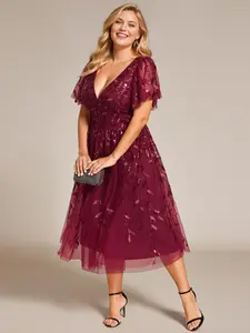 Ever-Pretty 【Plus size curvy dress】Spring  Evening dress ,Short Sleeves Leaf Sequin A-Line Midi Formal Wedding Guest Dress,party dress 02230