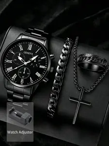 4pcs/Set Casual Business Men's Analog Quartz Watch Set, Including 1pc Men's Analog Quartz Movement Watch And All-Black Accessory Set (Metal Band Roman Numeral Chronograph Watch, Chain Bracelet, Cross Necklace, Textured Ring)