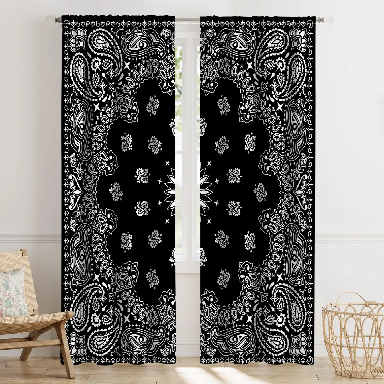 2pcs Paisley Pattern Retro Eye-Catching Rod Pocket Curtains, Home Decorative Curtain, Trendy Half-Transparent Polyester Fiber Drapes, Window Drapes, Home Decoration Curtain