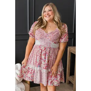 Cuteness Overload Floral Patchwork Mini Dress- Pink