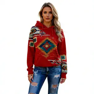 Aztec Print Hoodie Casual Aztec Print Kangaroo Pocket Hoodie - Long Sleeve Drawstring Sweatshirt -going out tops Women's Clothing