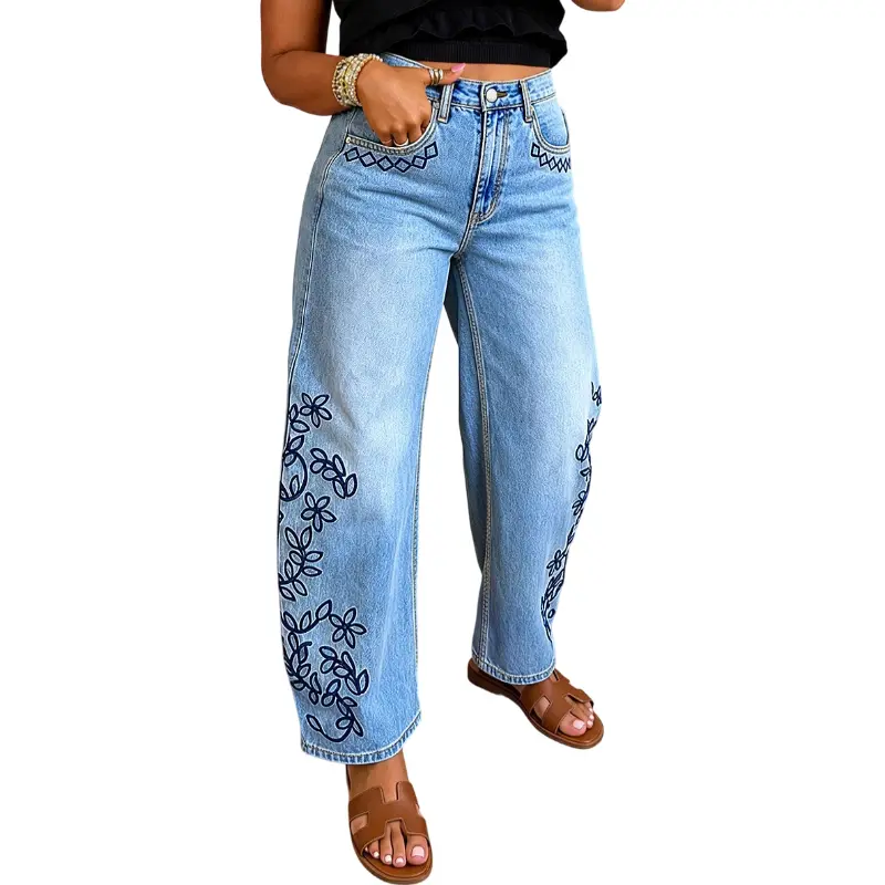 Flamingals Wash Plant Embroidery Mid Waist Barrel Leg Jeans Stretchy 27'' Inseam Flamingals Wash Plant Embroidery Mid Waist Barrel Leg Jeans Stretchy 27'' Inseam