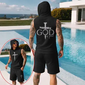 Men’s Summer Two-Piece Set – Sleeveless Hoodie & Shorts, Faith & Prayer-Inspired Cross Design, Casual Regular Fit Summer Outfit, Athletic Streetwear, Lightweight Summer Tracksuit