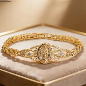 14K Gold Plated Our Lady of Guadalupe Bracelet for Women, Vintage Filigree Chain with Crystal Embellishment, Elegant Catholic Religious Jewelry, Ideal for Prayer, Daily Wear and Religious Holiday Gift