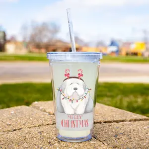 Tumbler, Acrylic Insulated, 16oz, Old English Sheepdog, Merry Christmas with Lid and Straw, Reusable, Lid Bottle Cup