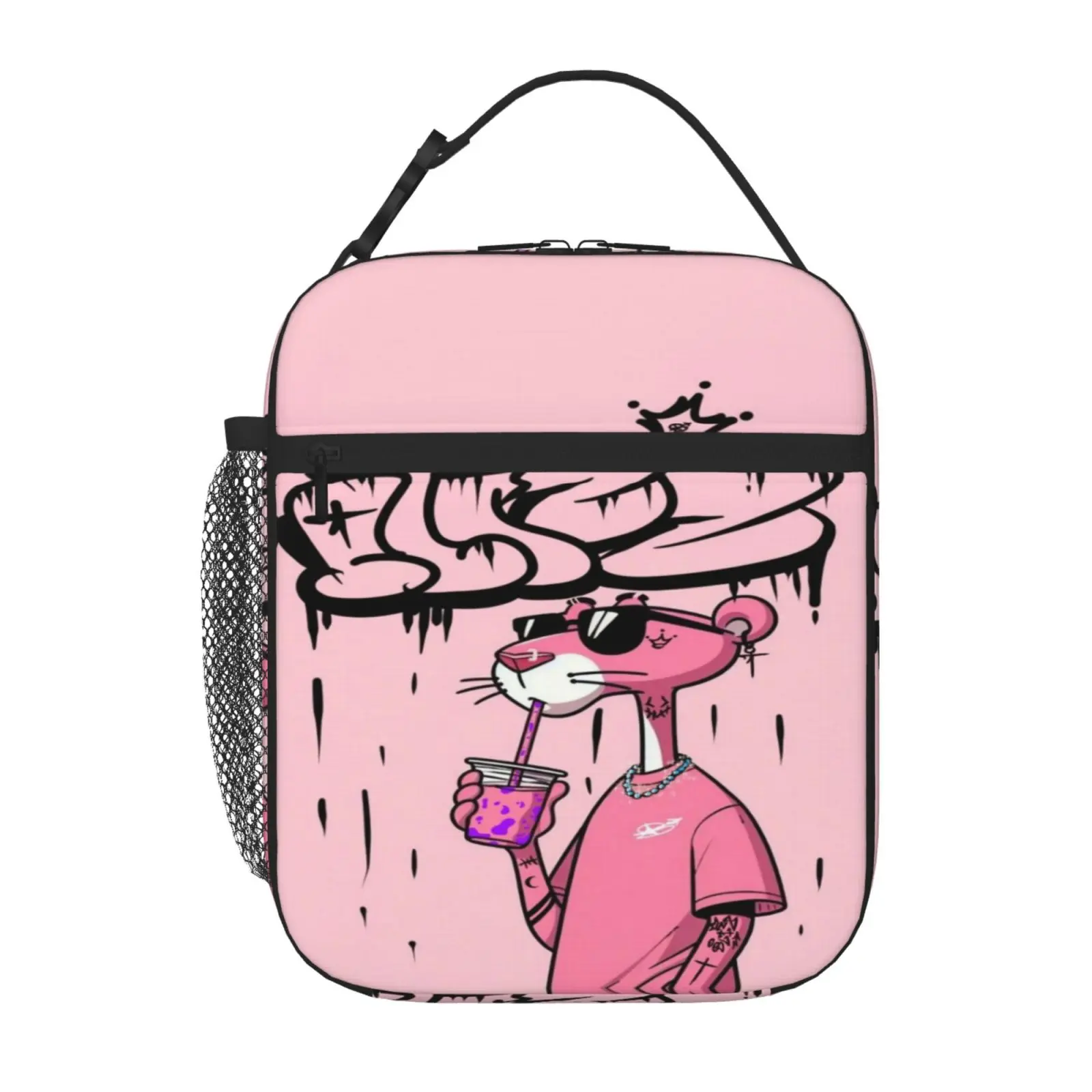 Pink Panther cold-holding lunch bag with leak-resistant zipper; insulated Pink Panther lunch box bag and lunch tote—ideal for office work, beach, fishing, and camping