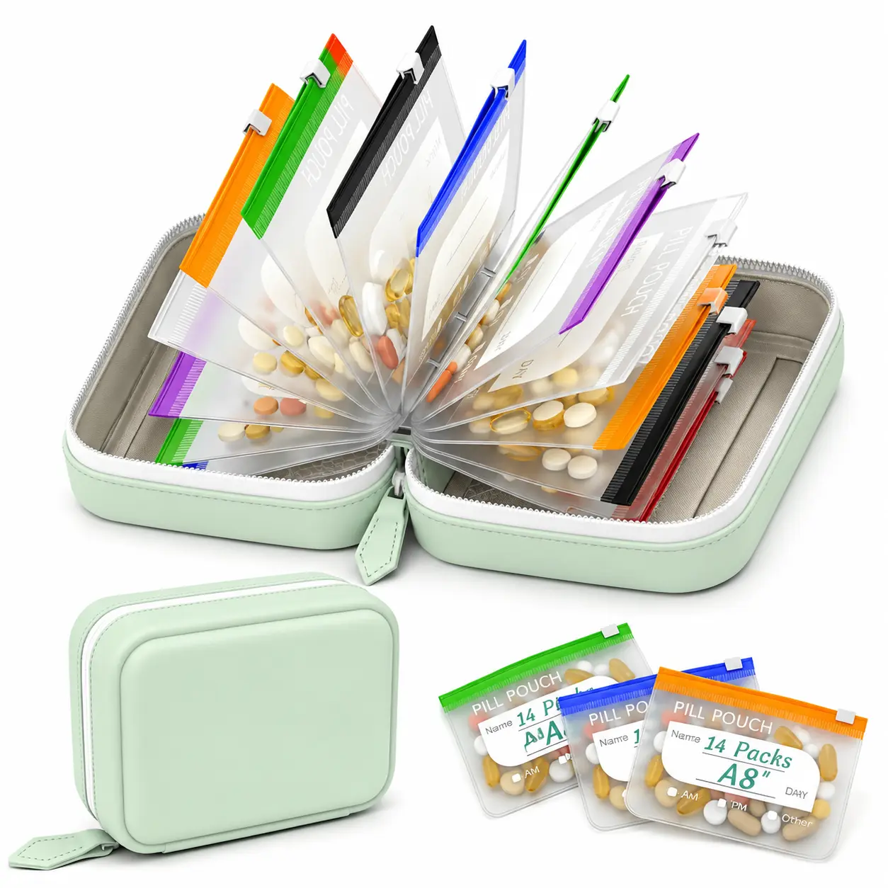 Waterproof Pill Pouch Set, Large Weekly Pill Organizer with 14 Color-Coded Medicine Pouches, Reusable Travel Medicine Organizer, Zippered Pill Storage for Fish Oils, Vitamins, dealsforyou, summerwins