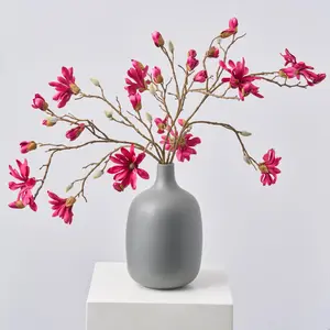 Fuchsia Butterfly Magnolia Blooming Branch & Bud in Ceramic Grey Matte Vase Spring Centerpiece Arrangement