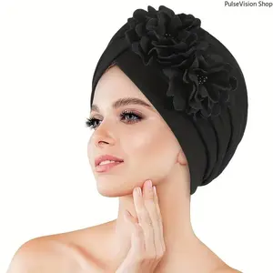 PulseVision Shop Women's Solid Color Knitted Turban Hat Soft Elastic Head Wrap for Ramadan & Chemo with Floral Design