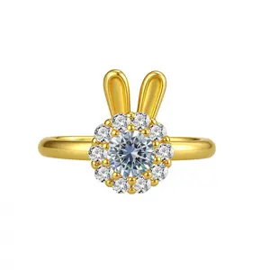 Women's Spinning Bunny Fidget Ring - 360-Rotatable Cubic Zirconia Anxiety Relief Jewelry, Gold-Platinum Animal Shape Articulated Bunny Charm Ring, Cubic Zirconia Rings