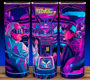 Back to the Future 2 Doc Brown and Marty McFly in DeLorean Cup Mug Tumbler 20oz with Lid and Straw - Elegant Drinkware for Fans - Stainless Steel & Plastic Design Glossy Insulated