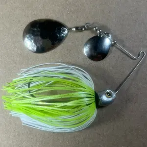 021 Custom Bingo Spinnerbait, 3/8oz White-Silver Flake/Chartreuse-Gold Flake Double Colorado Nickel/Nickel Blades with Brass Base, 80-Strand Tournament-Grade ProUmbrella Skirt, Hand-Crafted Premium Components in Texas, USA.