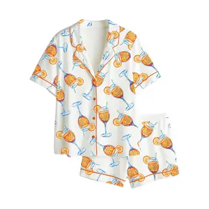 Women's Aperol Spritz Trio Watercolor Long & Short Sleeve Satin Pajama Set, Gift for Her, Funny Lounge Outfit Gift, Loungewear Long & Short Set, Soft Sleeper Wearing