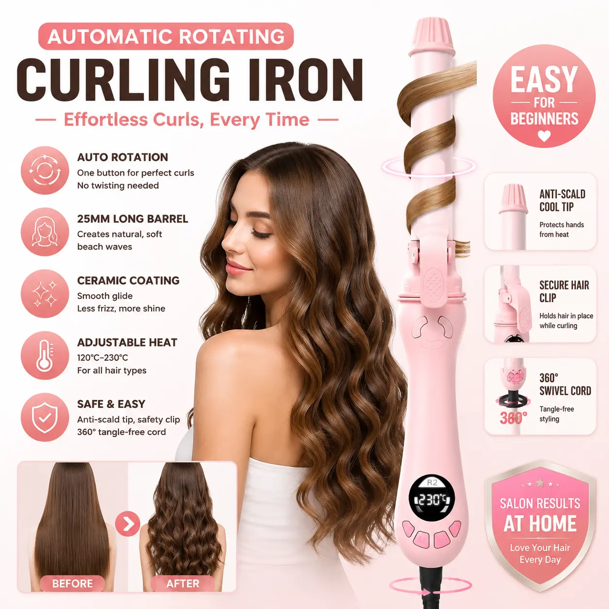 Auto Rotating LED Ceramic Curler, comfort hair curler, long hair, adjustable temp electric rotary curler