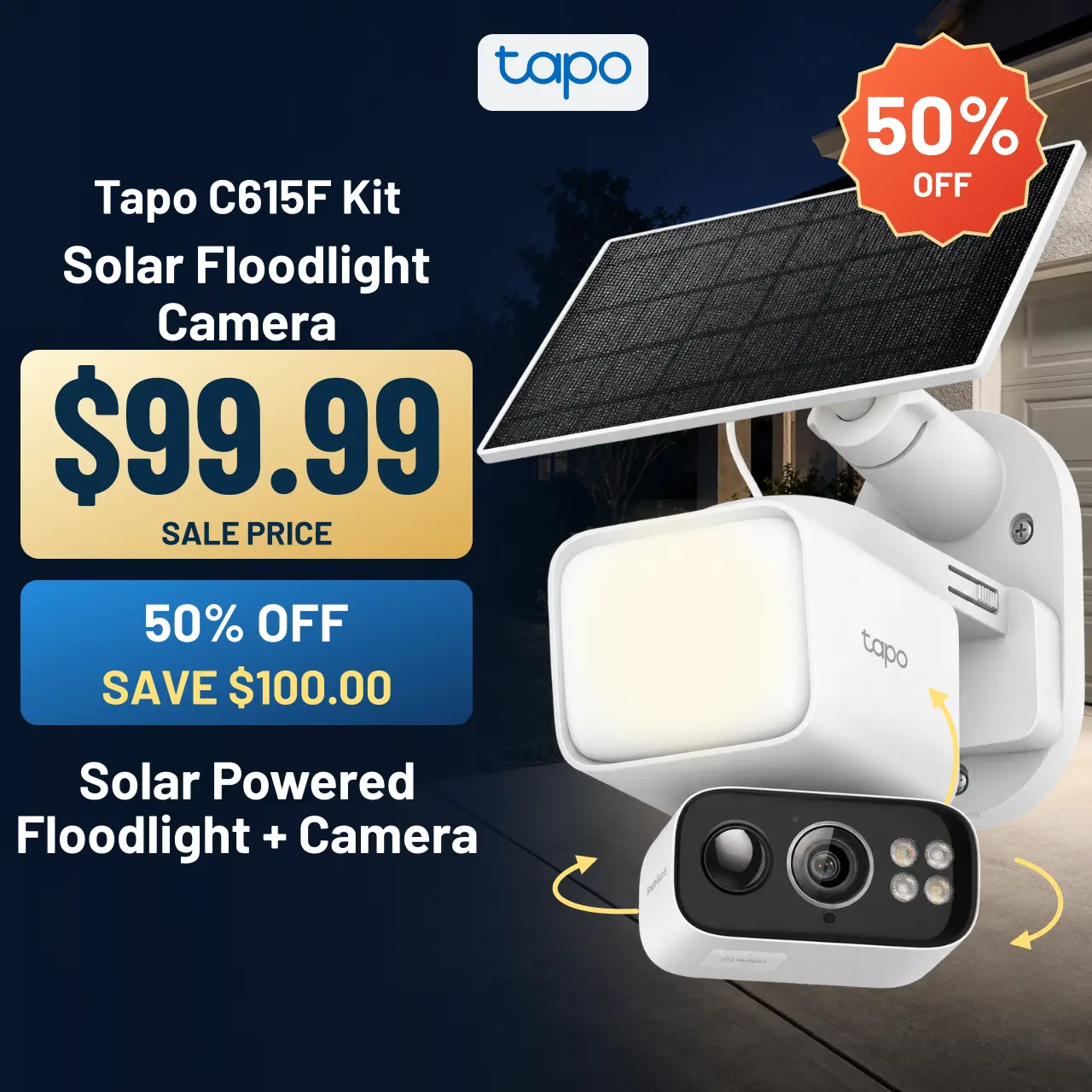 Tapo Solar Light with Security Camera, No Outlet Needed, 2K Video, Pan/Tilt Tracking, Floodlight & Solar Panel Included, C615F KIT