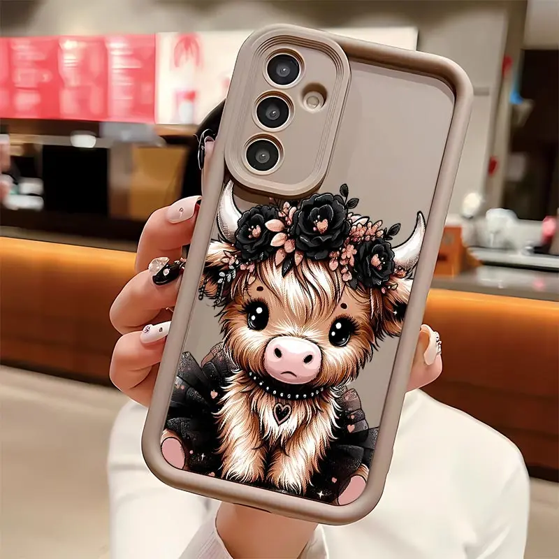Floral Highland Calf Soft Silicone Phone Case For Galaxy S26Ultra/S25Edge/S24fe/S23/S22/S21Plus/A13/A14/A15/A16/A17/A33/A34/A35/A36/A52/A53/A54/NOTE20 Drop Protection|Full Camera Protection|Anti-Scratch|Non-Slip|Perfect Birthday Gift for Her