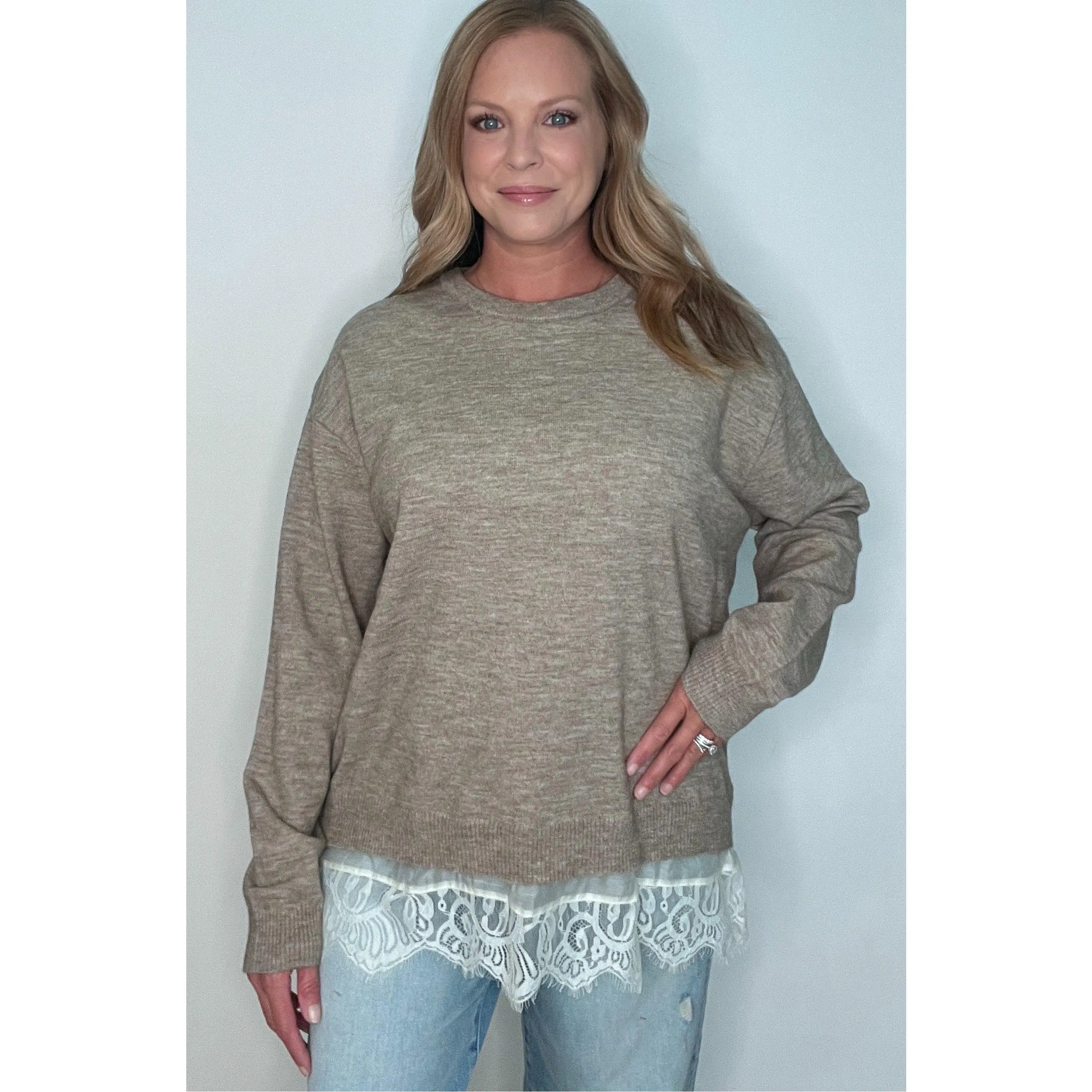 Layered Lace Sweater-Heather Mocha