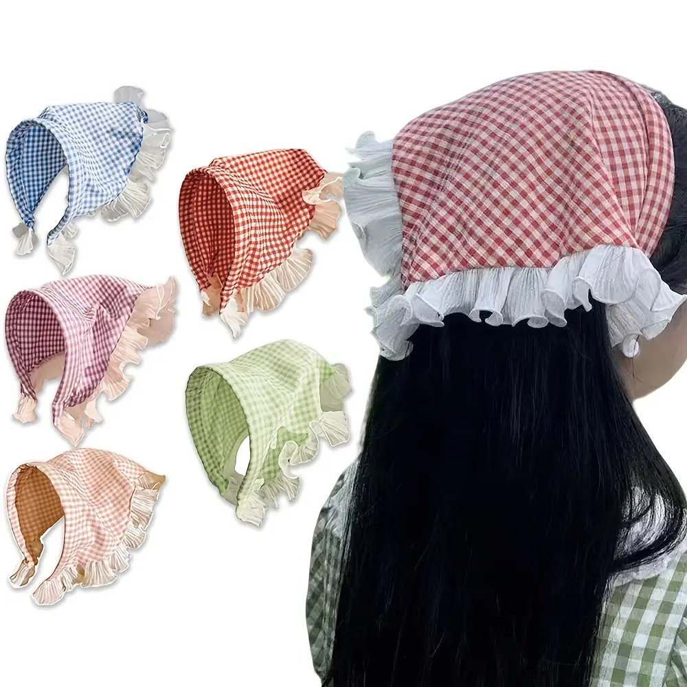 Women's 5-Pack Plaid Gingham Cottagecore Headbands - Viral Trend, Bandana Style Triangle, Flowy White Ruffle Lace Edge, Soft Weaved Cloth, Lightweight Breathable, Stretchy Soft Candy Color, Accessories for Women, Daily Wear, Romantic Photoshoot Gift, Roma
