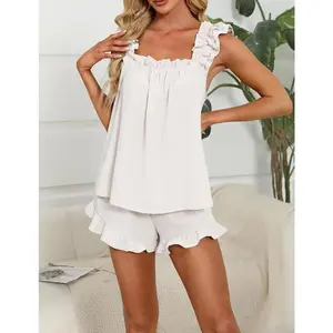 Women’s Two-Piece Bridal Ruffled Pajama Set – Soft Tank Top and Shorts