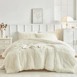 Full Size Comforter Set, Cream White Comforter with 2 Pillow Shams, Ultra Soft Thick Comforter, Fuzzy Bedding Plush Comforter Sets, Cozy Full Size Bed Set for  Seasons