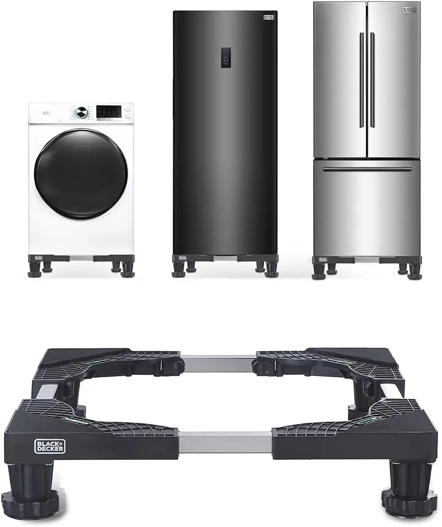 BLACK+DECKER Multi-Functional Stand, 4"H Compact Appliance Pedestal Stand with Anti Vibration Pads, Supports 700 lbs., Adjustable Length & Width 16-24.38", Stainless-Steel Frame, BWS16, Black, Height, Foot