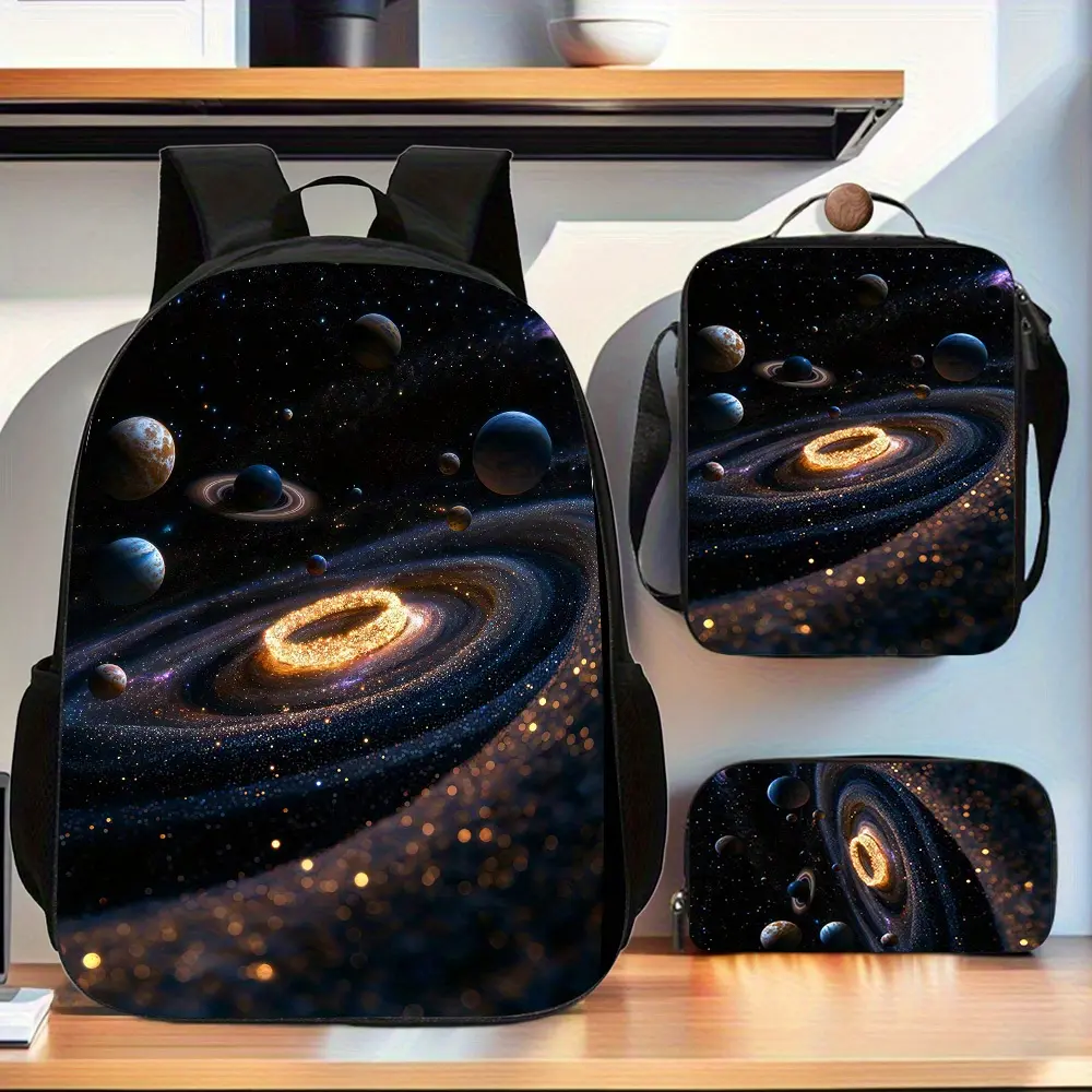 3Pcs Galaxy & Planets Print Backpack Set Durable 600D Oxford Cloth School Bag Insulated Lunch Box & Pencil Case Combo Adjustable Breathable Strap Large Capacity Fits 15in Laptop for Kids Teens School Travel Outdoor Use